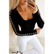 Lovely Casual Patchwork Basic Black T-shirt