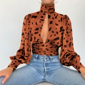 Lovely Casual Turtleneck Hollow-out Brown Blouse