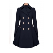 Lovely Casual Buttons Design Navy Blue Coat