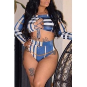 Lovely Plaid Print Blue Two-piece Swimsuit