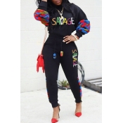 Lovely Leisure Print Black Two-piece Pants Set