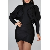 Lovely Chic O Neck Ruffle Design Black Mini Dress