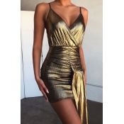 Lovely Party Ruffle Design Gold Mini Dress