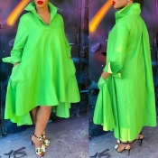 LW Casual V Neck Loose Green Ankle Length Dress