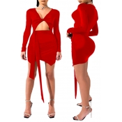 Lovely Stylish V Neck Hollow-out Red Mini Dress