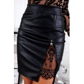 Lovely Chic Patchwork Zipper Design Black Skirt