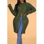 Lovely Leisure Hooded Collar Green Long Cardigan