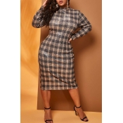 Lovely Casual Plaid Print Grey Knee Length Plus Si