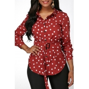 Lovely Casual Dot Print Wine Red Blouse