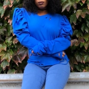 Lovely Casual Ruffle Design Blue Blouse