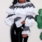 Lovely Sweet Flounce Patchwork White Blouse