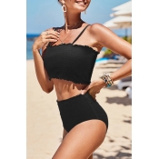 Lovely Ruffle Design Black Two-piece Swimsuit