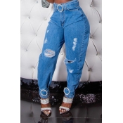 Lovely Casual Broken Holes Blue Jeans