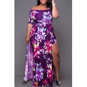 Lovely Chic Floral Print Purple Ankle Length Plus 