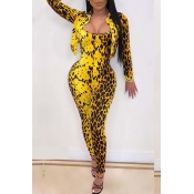 Lovely Sexy Turndown Collar Print Yellow Two-piece