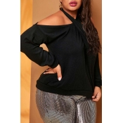 Lovely Casual Dew Shoulder Black Plus Size T-shirt