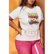 Lovely Casual Print White Plus Size T-shirt