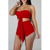 Lovely Sexy Tassel Design Red Two-piece Shorts Set