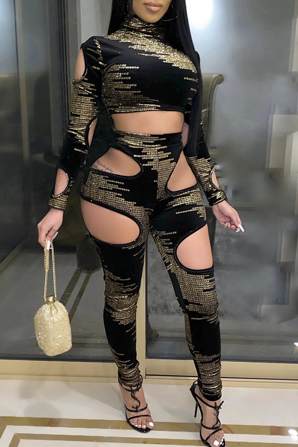 

Lovely Sexy Hollow-out Patchwork Black Two-piece Pants Set