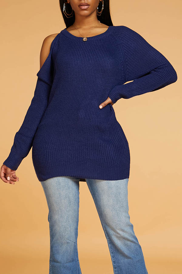 

Lovely Chic Dew Shoulder Blue Sweater