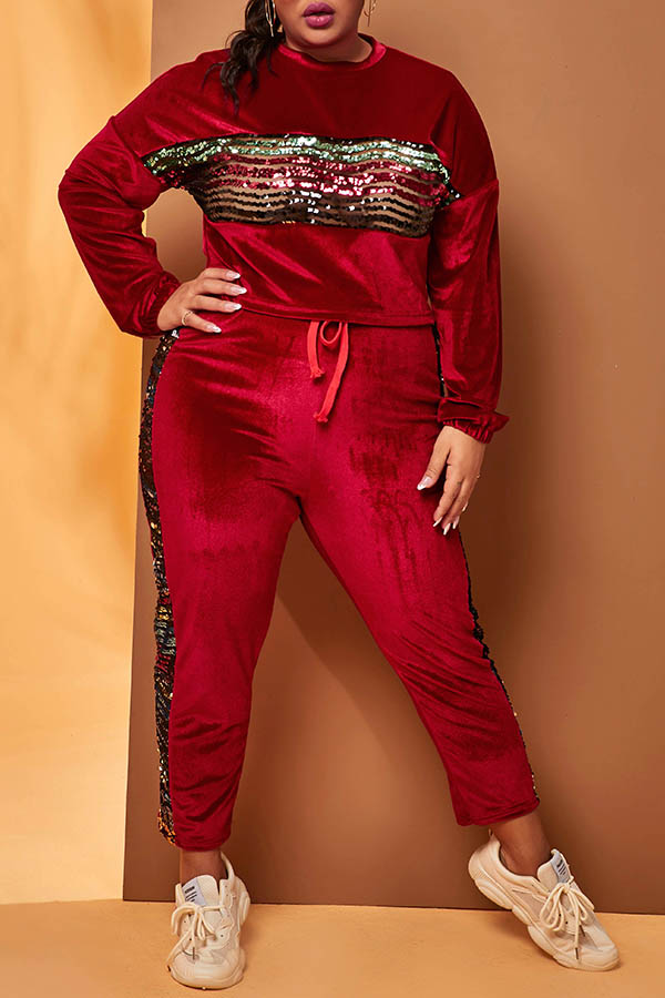 

Lovely Casual Patchwork Red Plus Size Two-piece Pants Set