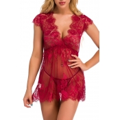 Lovely Sexy See-through Lace Wine Red Babydolls