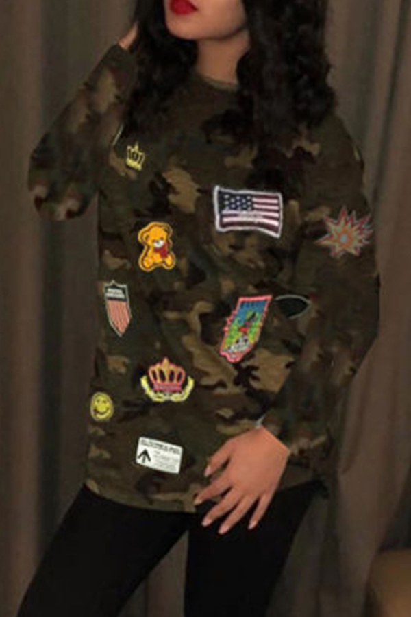 

Lovely Casual Camo Print Army Green T-shirt, Army green camouflag