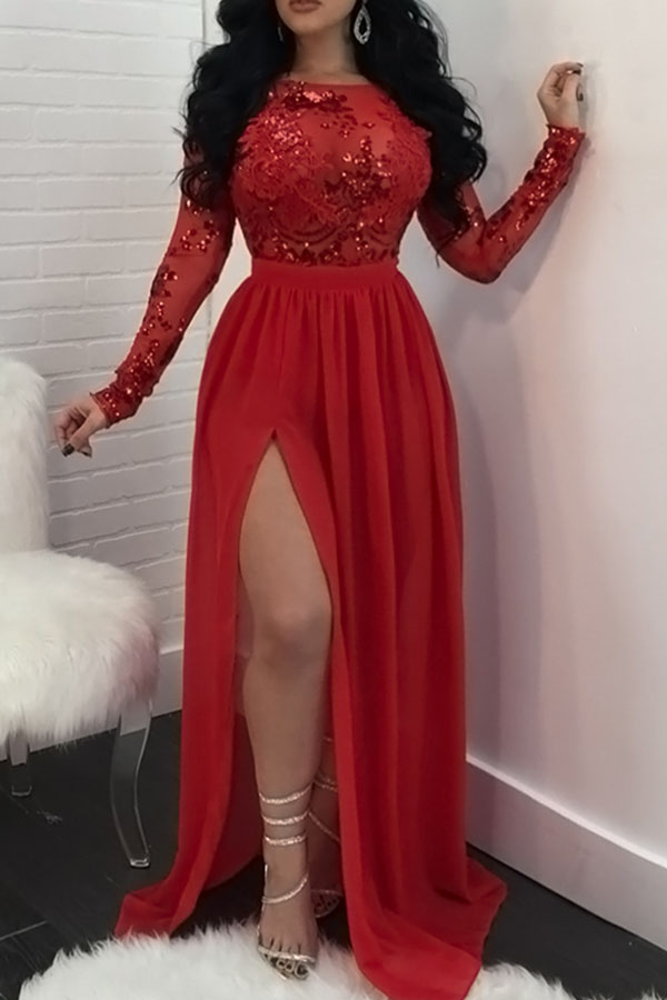 

Lovely Chic Patchwork Slit Red Maxi Dress