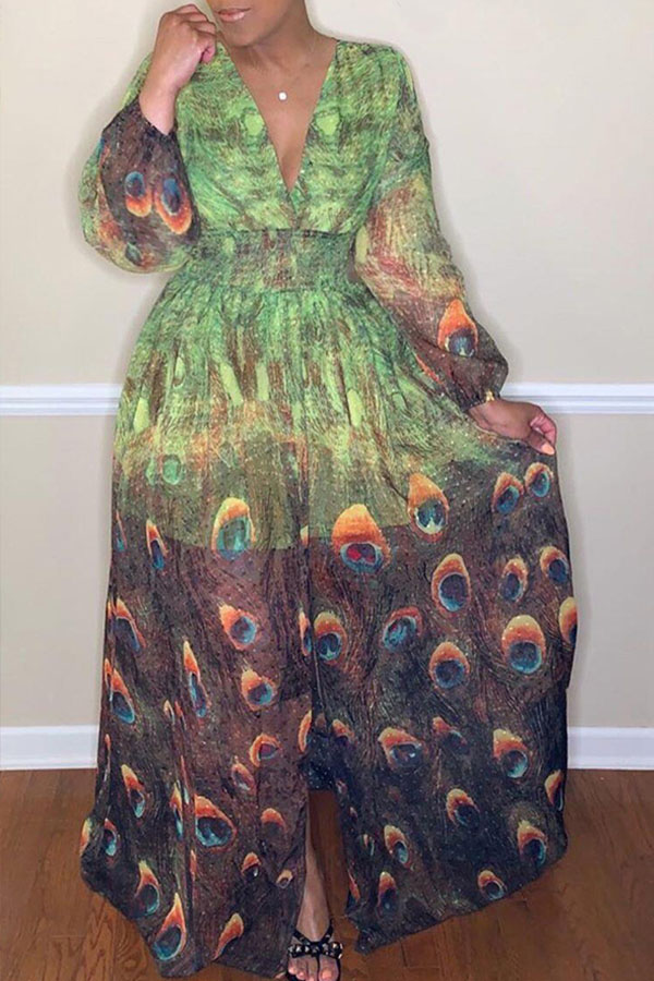 

Lovely Stylish V Neck Print Green Maxi Dress