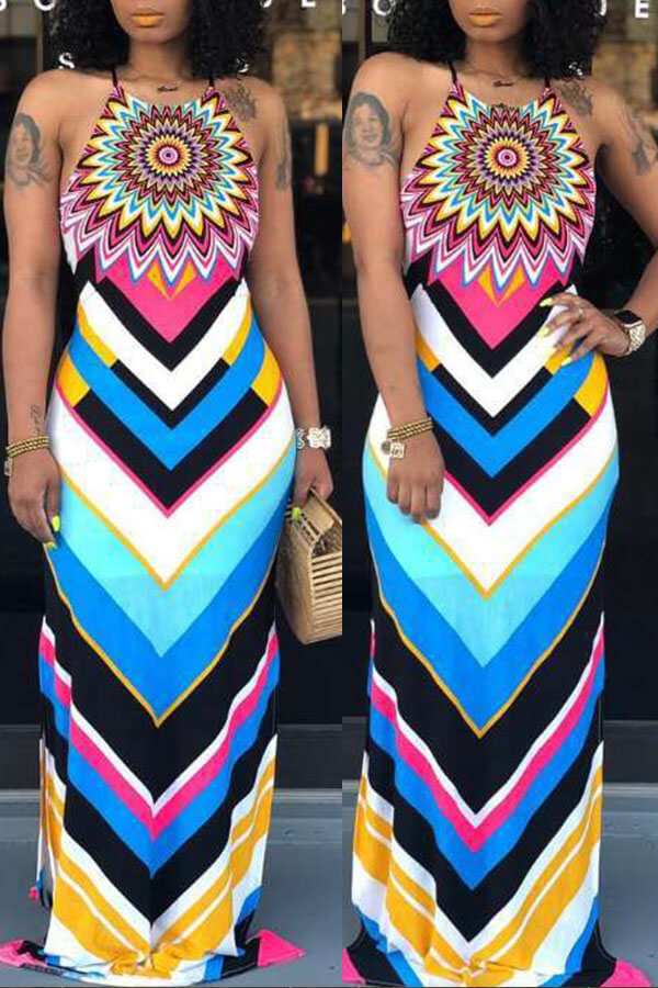 Lovely Casual Halter Print Multicolor Maxi Dress