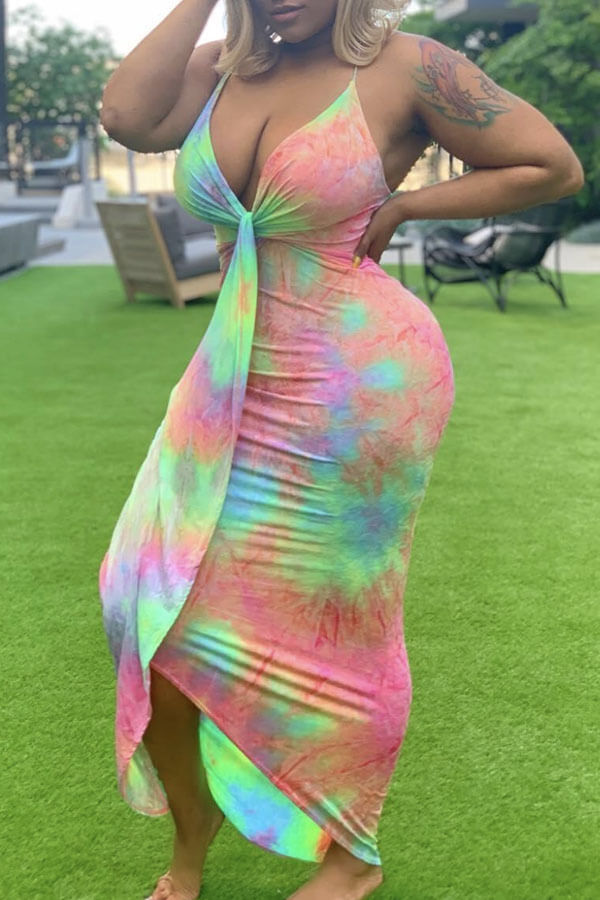 Lovely Bohemian V Neck Tie-dye Pink Maxi Dress