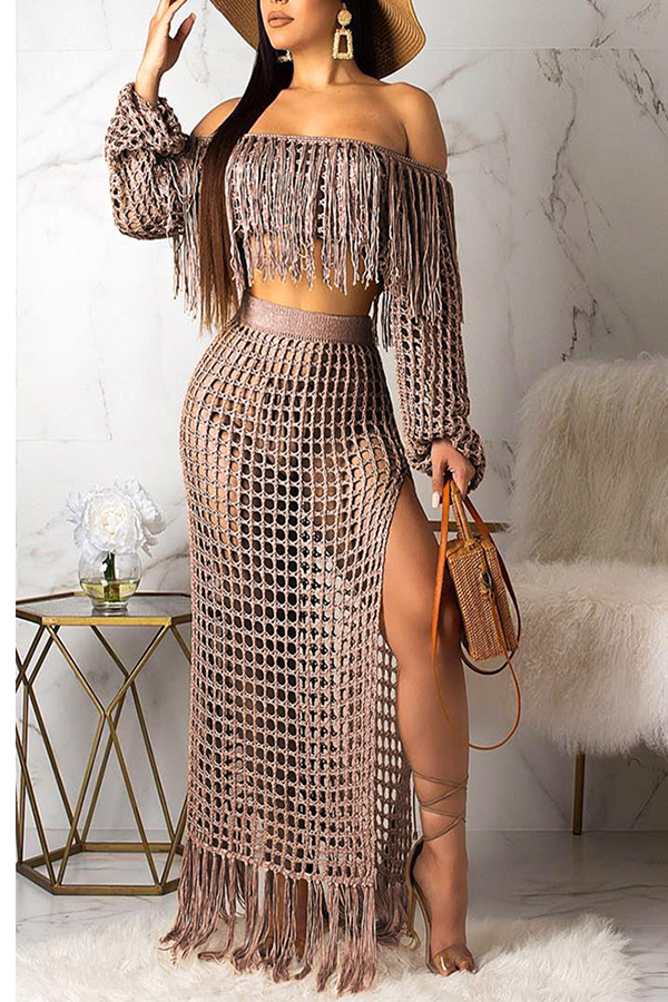 LW COTTON Bohemian See-through Coffee Beach Skirt Set