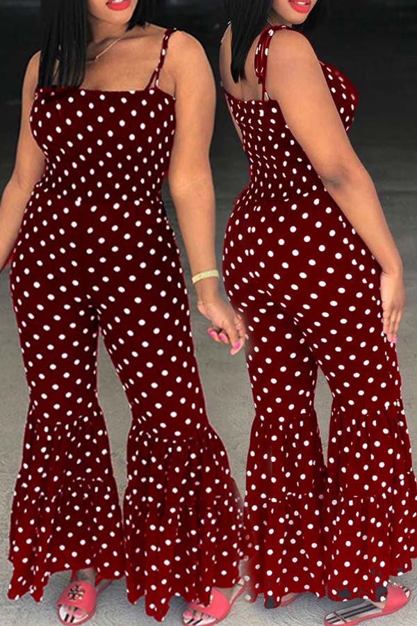 

Lovely Casual Dot Print Wine Red One-piece Jumpsuit