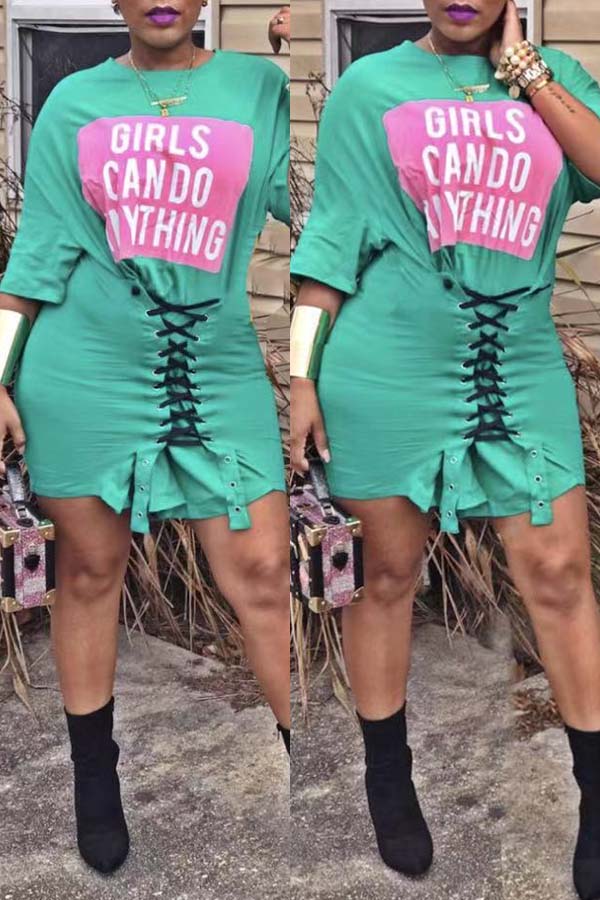 

Lovely Casual Drawstring Green Mini Dress