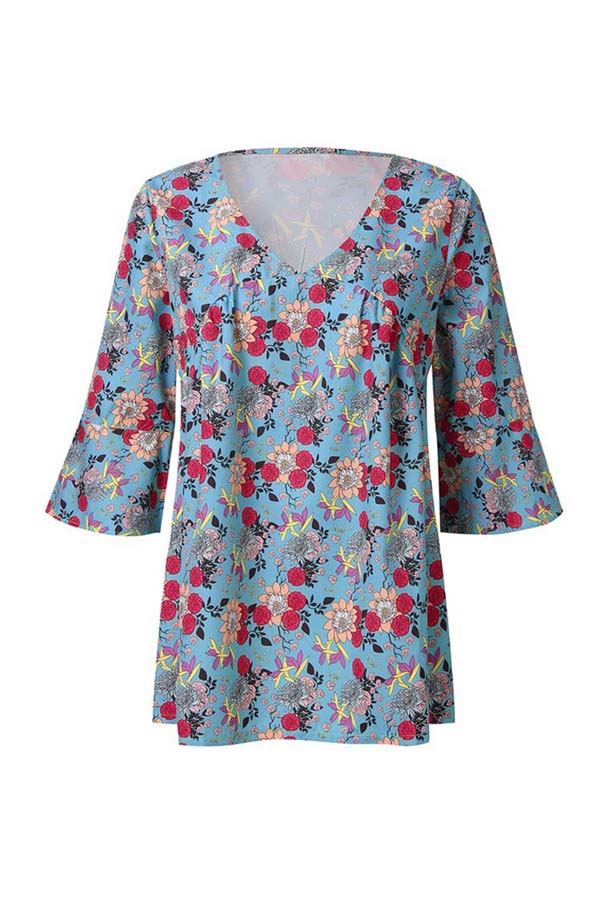 

Lovely Leisure V Neck Print Blue Plus Size Blouse