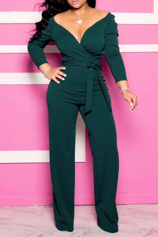 

Lovely Chic Deep V Neck Green One-piece Jumpsuit