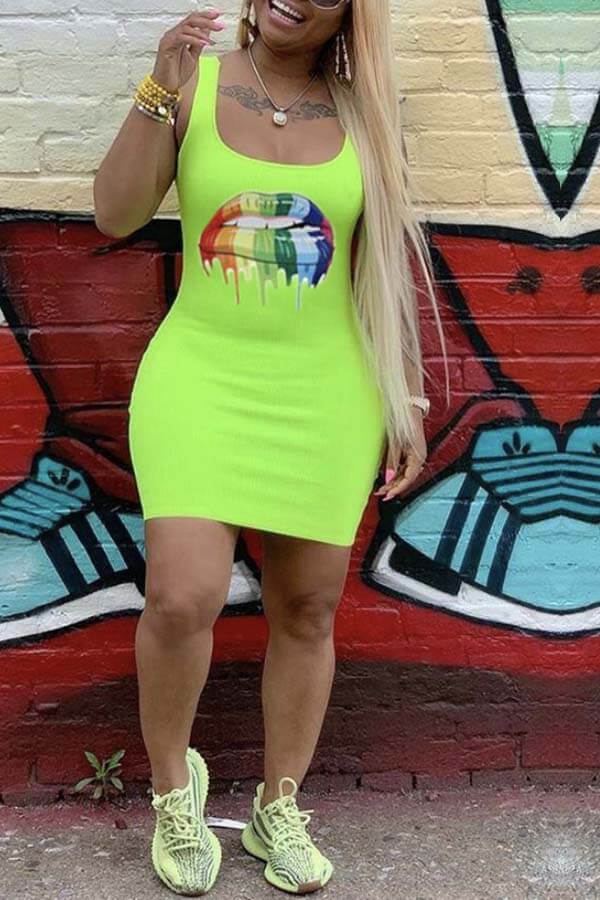 

Lovely Chic U Neck Letter Print Green Mini Dress