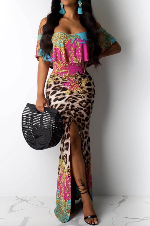 Lovely Sweet Flounce Leopard Print Ankle Length Dress