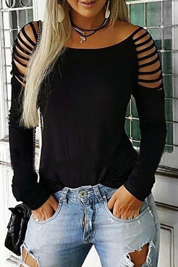 

Lovely Casual Hollow-out Black T-shirt