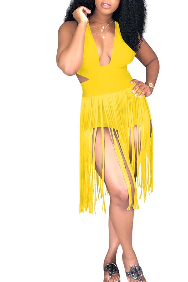 

Lovely Tassel Design Yellow One-piece Swimsuit