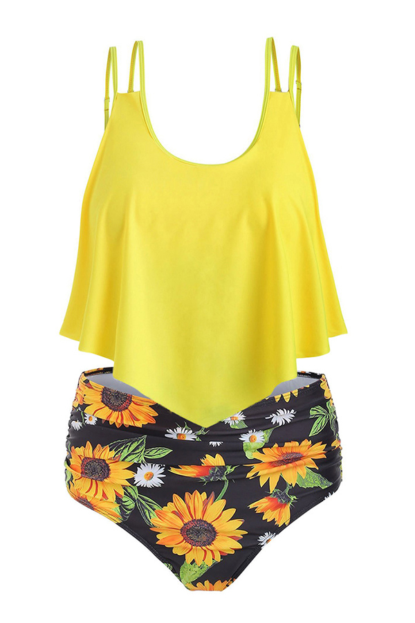 Lovely Print Yellow Plus Size Two-piece Swimsuit_Plus Size Bikinis_Plus ...