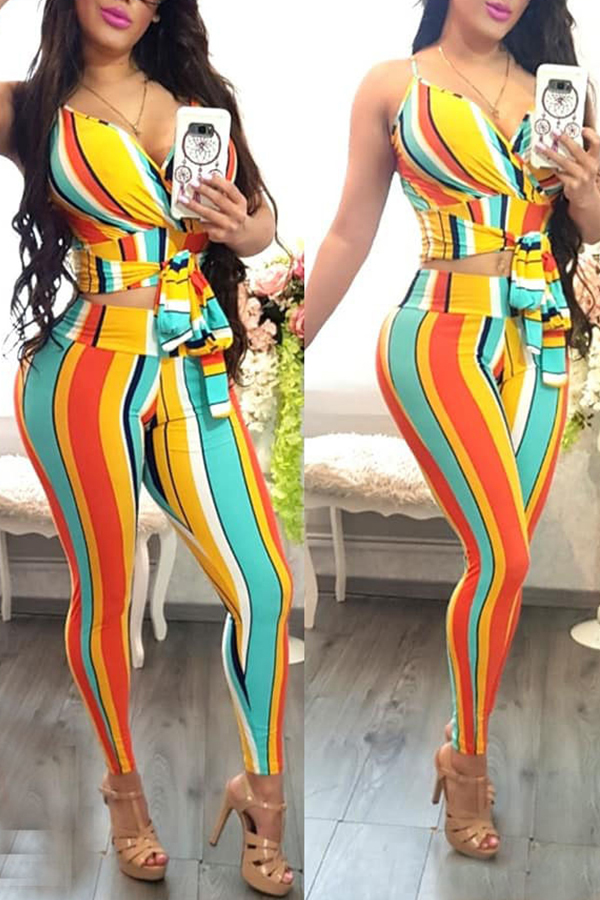 

Lovely Sexy Striped Print Multicolor Two-piece Pants Set, Multi