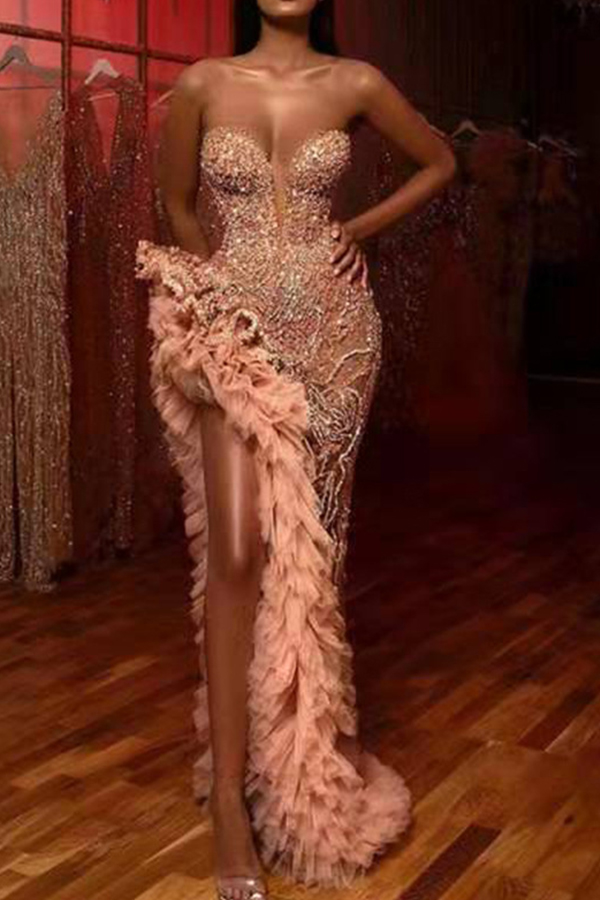 

Lovely Sexy Tassel Design Pink Floor Length Dress