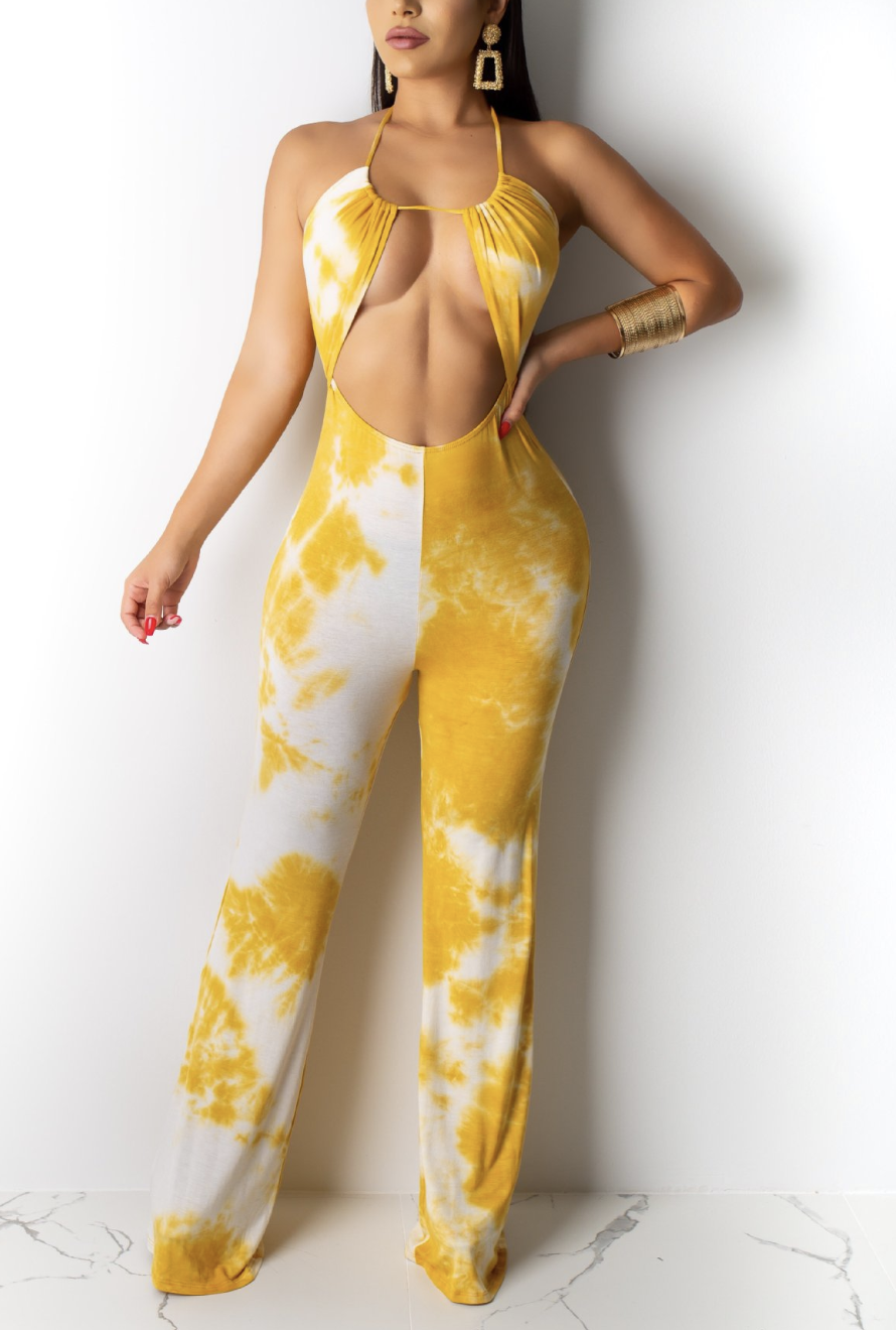 

Lovely Sexy Hollow-out Print Yellow Jumpsuit