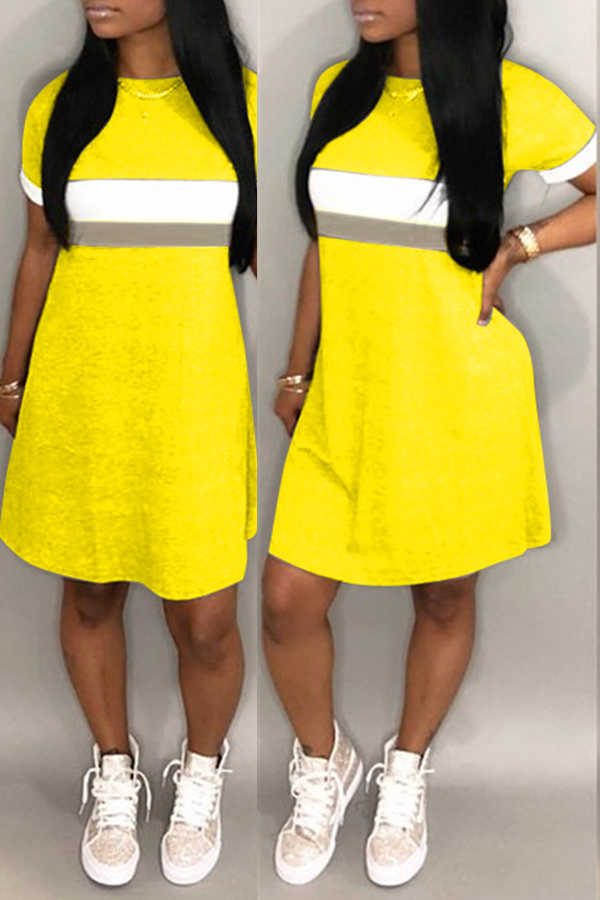 Lovely Casual O Neck Patchwork Yellow Knee Length Dress
