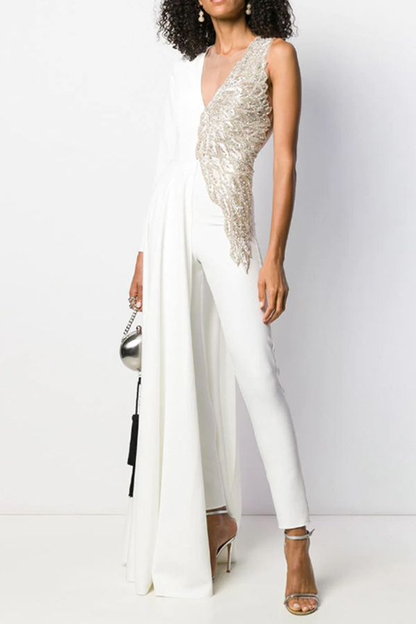 

Lovely Trendy Patchwork White Jumpsuit