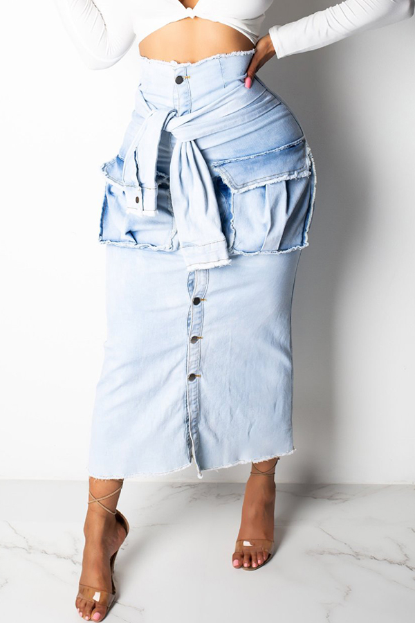 

Lovely Casual Buttons Design Blue Skirt