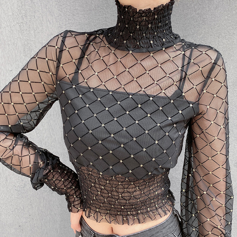 

Lovely Trendy Turtleneck Print Black Blouse