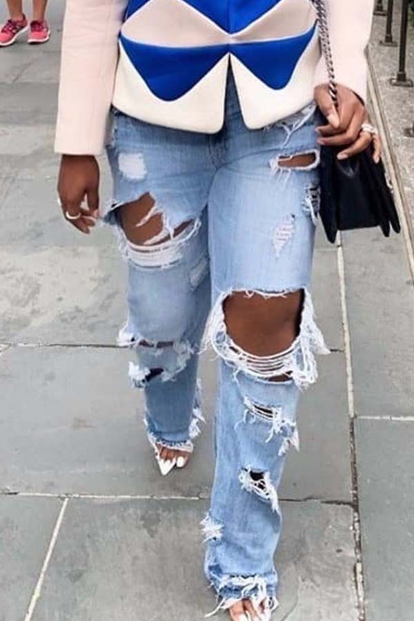 

Lovely Casual Hollow-out Baby Blue Jeans