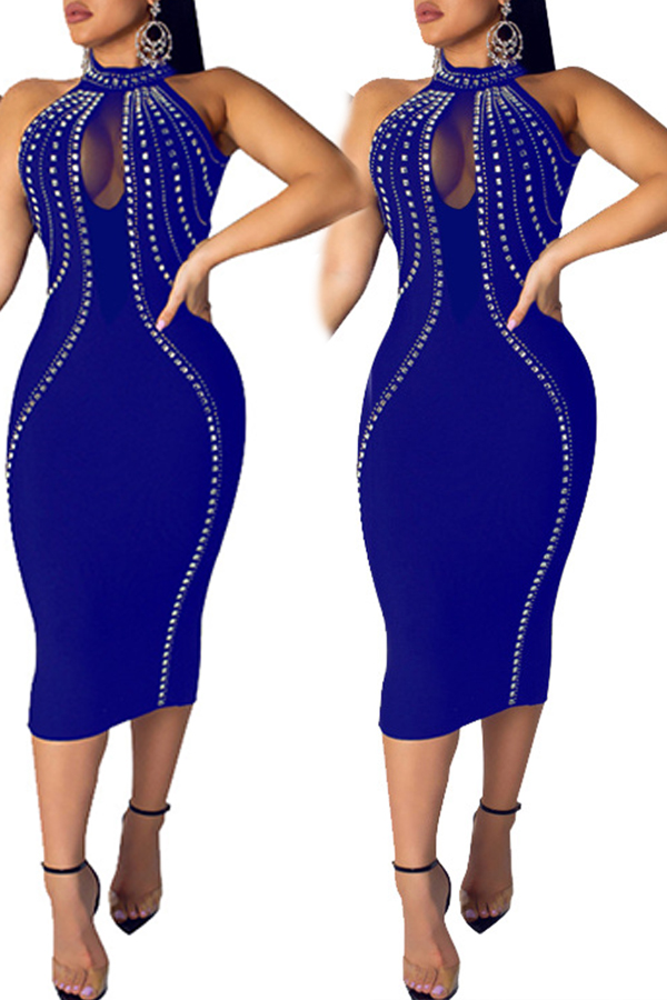 

Lovely Sexy O Neck See-through Blue Mid Calf Dress